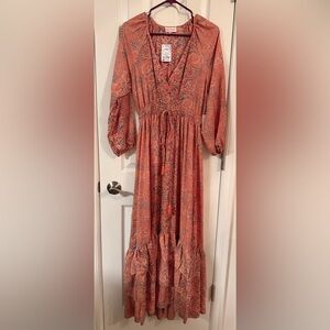 Boho Rust Paisley Maxi Dress with Tassel Tie